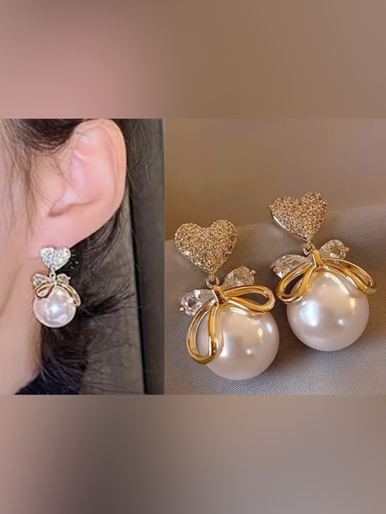 Zara Jewelry - Gold Pearl Stud Heart Drop Earrings.